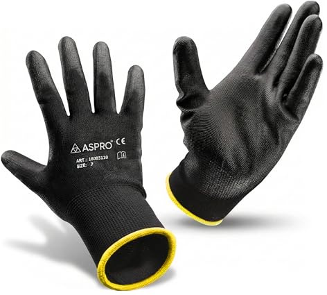 ASPRO Arbeitshandschuhe - Gartenhandschuhe - Schwarze Nylon-Handschuhe mit PU-Beschichtung für Bauarbeiter, Gärtner, Mechaniker, Bauarbeiter, Lagerarbeiter etc. (7 (S) x 10)