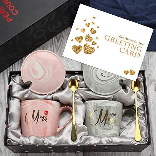 exreizst Tazze da caffè Mr and Mrs – regalo di nozze per sposa e sposo, regalo di fidanzamento per addio al nubilato, regalo di anniversario, per coppie sposate, tazze in marmo ceramica