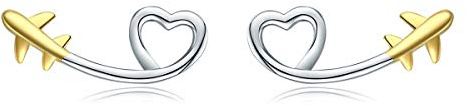 NEWL Boucles d'oreilles à tige en forme de cœur en argent sterling 925 avec motif avion, Argent sterling, Zircone cubique