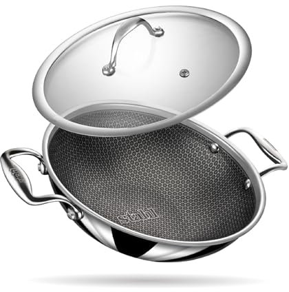 stahl Triply Antihaft-Wok mit Deckel | Edelstahl-Wok mit Induktionsboden | Tri-Ply-Wok kratzfest | Ø 24 cm | 2,4 Liter (für 4-5 Personen)