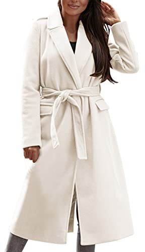 L9WEI Manteau long en laine pour femme avec ceinture Femmes manches longues col rabattu Trench Manteau chaud Outwear Automne Hiver Mode Veste, Blanc., S