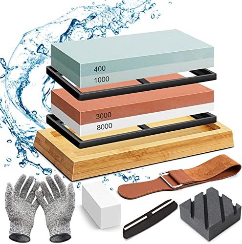Pietra per Affilare,Pietra Affilacoltelli,includere 400/1000 3000/8000 Grana,Pietra per Affilare Double Face,Cote 2 in 1,base in bambù antiscivolo,guida angolare