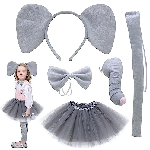 TSHAOUN Conjunto de disfraz de elefante de 5 piezas, diadema con orejas de elefante, corbatín, nariz, cola, disfraz de princesa tutú para niños y niñas, disfraz de fiesta de disfraces, cosplay