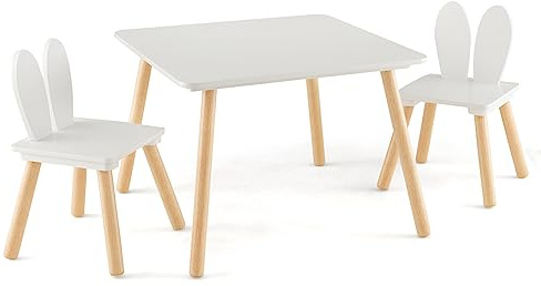 LIFEZEAL Ensemble de Table et Chaise pour Enfants 3-6 Ans, Table Enfant avec 2 Chaises en Bois, Chaise avec Dossier en Forme de Lapin, Charge de 20/40 KG, Table de Jeux 60x60x43 CM (Blanc)