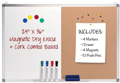 Excello Global Products Hanging Combination Board (Cork and Dry Erase) 24 x 36 w/Markers, Magnets and Pins