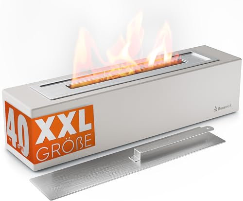 flammtal Outdoor Bioethanol Tischfeuer für Terrasse Balkon Garten Tisch Deko - Auslaufsicherer Tischkamin Outdoor [2h Brenndauer] - Verstellbare Flamme - Bio Ethanol Kamin aus Beton 40cm lang