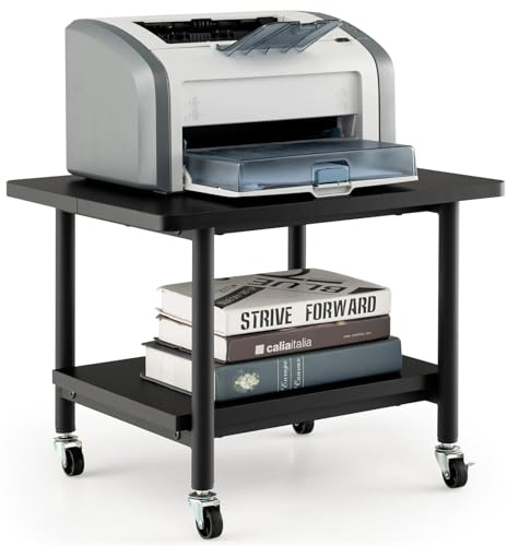 COSTWAY Support d'Imprimante à 2 Niveaux, Meuble Imprimante avec 4 Roues (2 verrouillables) et Étagère de Rangement pour Dossier, Organisateur de Stockage pour Chambre, Salon, Bureau (Noir)