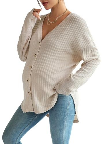 MakeMeChic Women's Maternity Shirts Knit Button Down Nursing Top Fall Maternity Clothes Apricot L