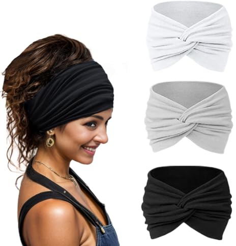 Fascia per capelli da donna, 3 pezzi, elastica, larga, anti-sudore, per yoga, jogging ed esercizio