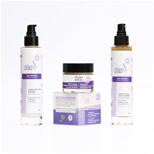 Pack de Cuidado Facial Diario Piel Sensible - Contiene Leche Limpiadora, Tónica Facial y Crema Facial - Hidratación y Limpieza - ALBA NATURA