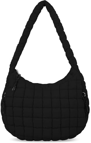 Bolsa acolchada grande para mujer, bolsa cruzada acolchada con cremallera, bolsa de transporte acolchada de nailon, Negro, Medium