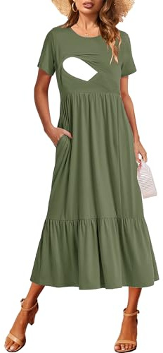 CzzzyL Nursing Friendly Dresses for Women Ruffle Short Sleeve Maternity Baby Shower Scoop Neck A Line with Pockets(Green,Small)