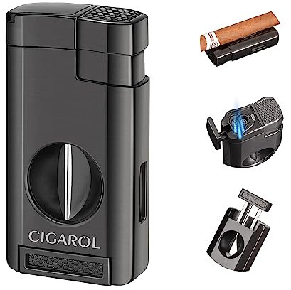 Torch Lighter with Cigar Cutter, Windproof 3 Jet Flame Zinc Alloy Butane Lighter for Smoking Cigars and Cigarettes, Gift Suitable