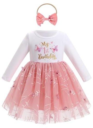 FYMNSI Baby Girls 1st First Birthday Outfit Butterfly Tulle Tutu Princess Dress Toddlers Kids One Year Old Party Photo Shoot Fall Winter Spring Casual Cotton Long Sleeve Dresses Dusty Pink 9-12M