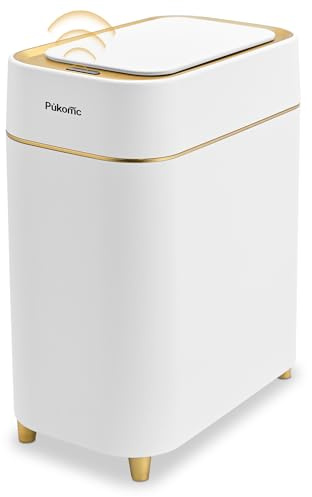 Pukomc Automatic Small Sensor Trash Can with Touchless Lid, 2.3 Gallon / 9L Smart Garbage Can, Quiet Close White Gold Waste Bin - Perfect for Kitchen, Living Room & Small Spaces