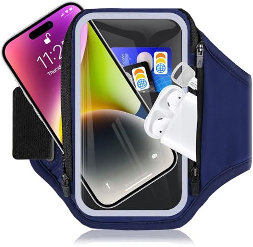 RAZOBWS Running Phone Holder with Foldable Elastic Strap, Phone Holder for Running with Earphone Bag, 6.9'' Armband Accessories for iPhone 16 15 14 13 12 Galaxy, Arm Band with Key Bag (Navy Blue)