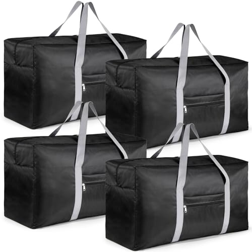 Paquete de 4 bolsas de lona de tela Oxford 1680d extragrandes, impermeables, plegables, ligeras, deportivas, resistentes, bolsa de viaje de 90 L con bolsillo exterior, Black, 75x30x40cm, Deportivo