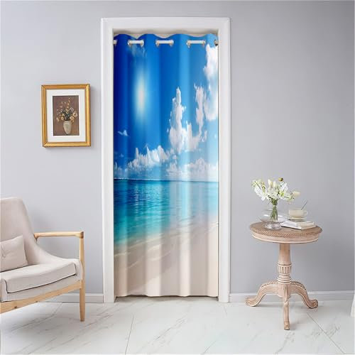 Odot Verdunkelungsvorhänge mit Ösen, 3D Meerblick Muster Blackout Vorhang Thermo Türvorhang Winddicht Türtrenner Raumteiler Vorhang Raumverdunkelung Thermovorhang (Blau Himmel,120x200cm)