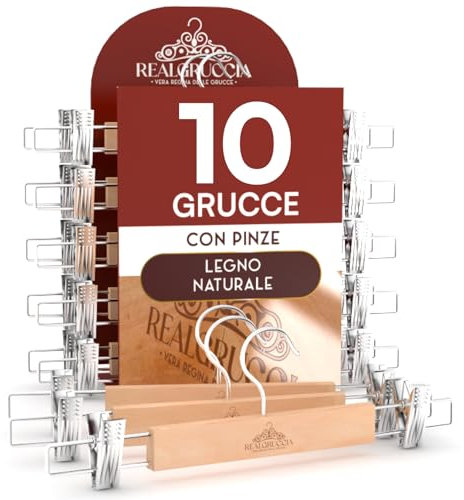 10 Grucce Appendiabiti con Pinze per Gonne Jeans Pantaloni in Legno Naturale 13x33cm - RealGruccia Gancio Girevole 360° in Metallo Resistente Clips Regolabili Salvaspazio e Robuste - Finitura Lucida