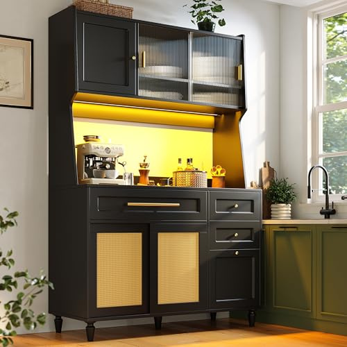 Kebnor Armario de cocina, armario alto, armario de vitrina, armario buffet con estantes ajustables, armario de comedor con 3 cajones, aparador con iluminación LED, ratán sintético (negro, 120 x 45 x