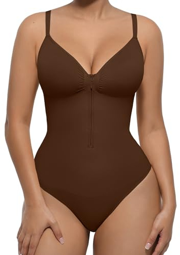 FeelinGirl Shapewear Tummy Control for Women Zip Shapewear Bodysuit Thong V-Neck Body Suit Seamless Body Shaper