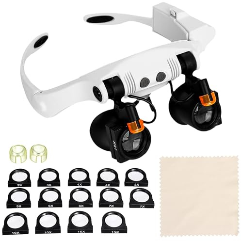 GARMEE Gafas de lupa con luz LED: 25 aumentos (14 lentes intercambiables 3X-15X) + 2 LED ajustables, seguro ESD, para manualidades, reparación de relojes, joyas, lectura y electrónica