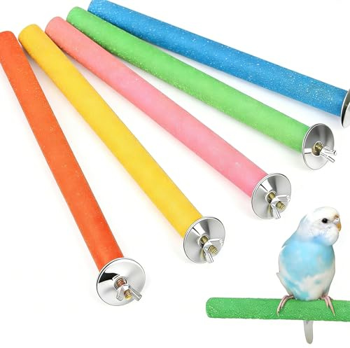 5 Pcs Bird Perches for Cage, Natural Wood Budgie Perch with Quartz Sand, Bird Cage Perches for Small Parrots, Parakeets, Cockatoos – Claw Grinding & Chewing Toys for Birds