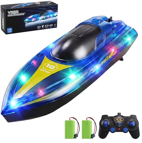 Barca Telecomandata, 2.4GHz Barca Radiocomandata, 15KM/H Motoscafo Telecomandato on Luce LED, 2 Batterie per 90 Min, Allarme Batteria, RC Boat per Piscine e Laghi, per adulti e bambini sopra i 14 anni