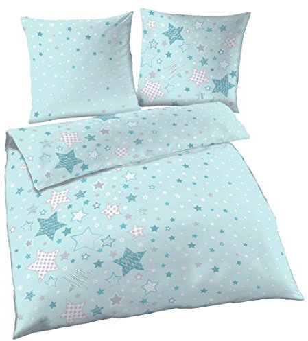 Sterne Fein Biber Mädchen Bettwäsche Stars Sterne & Sternchen Mint - Kissenbezug 80x80 + Bettbezug 135x200 cm - 100% Baumwolle