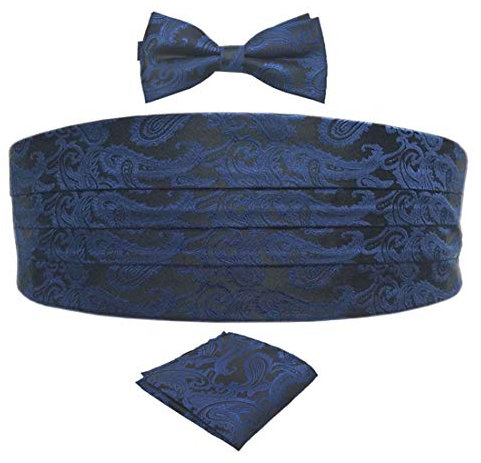 Biruil Herren Paisley formelle Kummerbund und Fliege zum Selbstbinden & Einstecktuch Set für Smoking - blau - Einheitsgröße