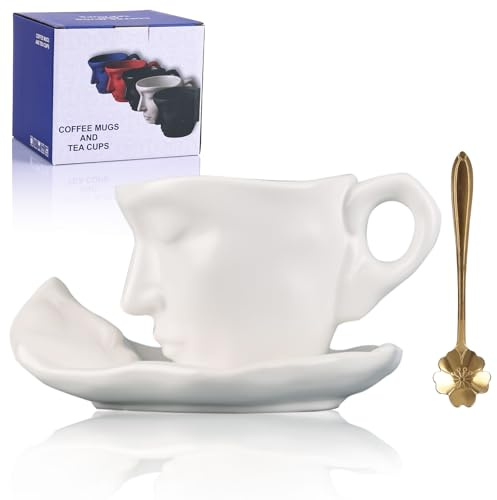 oliruim Tazza da caffè creativa in ceramica con piattino e cucchiaio, tazza da caffè con faccia dal design creativo Thinker (8oz), per tè pomeridiano, tea party, uso domestico(Bianco)