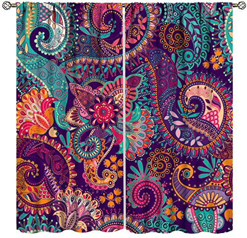 Vintage Bohemian Curtains, Indian Bohemian Mandala Colorful Pattern Blackout Thermal Curtains, Bedroom Living Room Curtains, 2 Panel Set, 42x45 in.