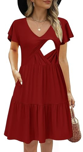 CzzzyL Nursing Dress for Women Breastfeeding Short Sleeve Tiered Babydoll with Pockets V Neck Ruffled Knee Length(Red,Large)