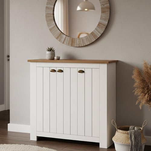 Dmora - Étagère à Chaussures Tolomeo, étagère à Chaussures Peu encombrante avec 3 Portes, Armoire d'entrée multifonctionnelle, 114x42h100 cm, Blanc et Chêne
