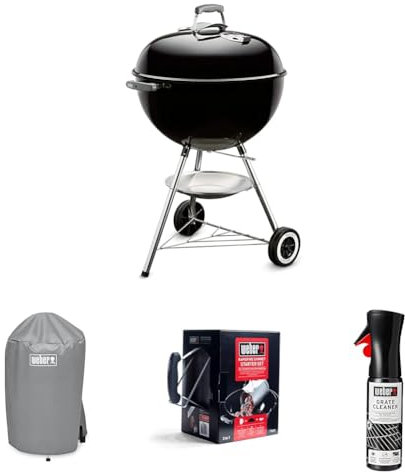 Bundle - Weber Classic Kettle Charcoal Grill Barbecue,57cm|BBQ Grill with Lid Cover, Lid Thermometer, Stand & Wheels |Freestanding Outdoor Oven & Cooker with Porcelain-Enamelled Bowl-Black (1341504)