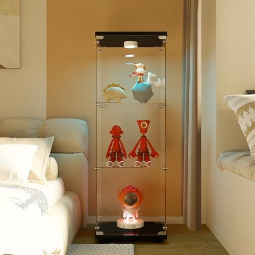Vitrin av glas, hyllskåp, golvförvaring, transparent, modernt vitrinskåp, för bar, vardagsrum, sovrum, kontor (svart, 3 våningar, LED, 125 x 42 x 36 cm)