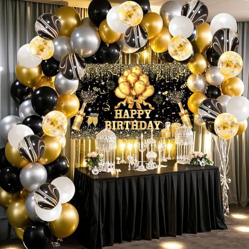 YinQin 63 PCS Black Gold Happy Birthday Party Balloons Set with Photo Backgrounds Backdrops Banner Cloth Confetti Balloon Black Golden Happy Birthday Party Supplies Decorations for Men Women