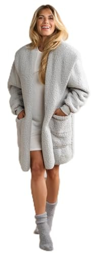 OHS Waterfall Teddy Fleece Cardigan, Ultra Soft Teddy Fleece Fabric Wrap Style Long Sleeve Warm Ladies Cardigan with Pockets Casual Wear or Lounging, Grey - Small