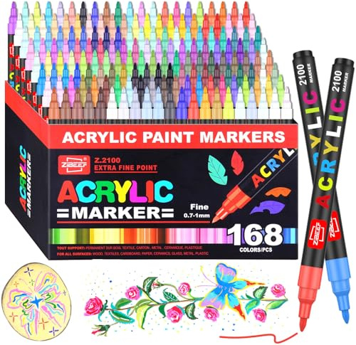 Laconile Marqueurs Acryliques 168 Couleurs, Stylos Peinture Acrylique Pointe Extra-Fine 0,7–1 mm, Permanent Imperméable sur Pierre Bois Verre Céramique Tissu – Set Loisirs Créatifs Adultes