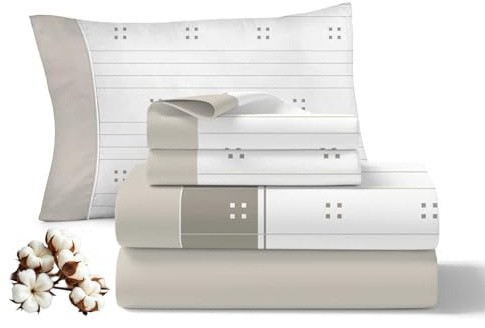 Juegos Sabanas Algodon 3 Piezas 144 Hilos Cama 90CM Transpirables Suaves Bajera Ajustable Colchon Hasta 30CM Lavado Facil Ropa Cama Dormitorio Diario Facil Lavado modelo Abrazo Color Beige 90x200x30CM