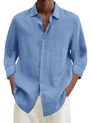 Chemise d'été légère à manches longues pour homme, couleur unie, col montant et manches longues, infroissable, en coton d'été, décontractée, grande taille, ample