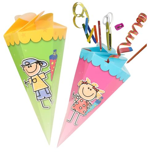 com-four® 2X cônes Scolaires 30cm - cônes Scolaires pour frères et sœurs en Carton - cône de Bonbons Pliable pour la rentrée Scolaire - Emballage Cadeau
