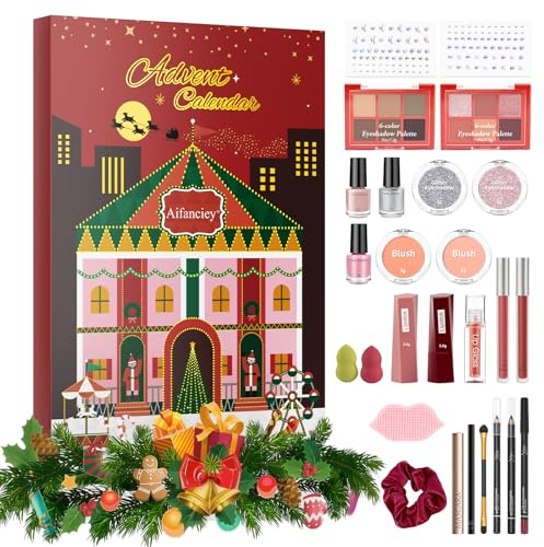 Calendrier de L'avent Maquillage, 24 Jours Calendrier De L'Avent Beauté avec Rouges à Lèvres, Palettes d’Ombres à Paupières, Calendrier Maquillage de Noël pour Femme Filles,Cadeau de Fêtes pour Filles