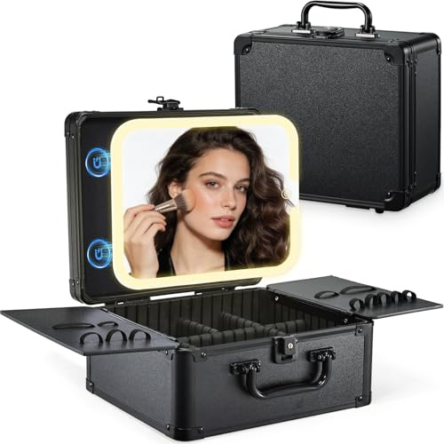 Makeup Box with Mirror, Portable Vanity Case Make Up Box Organiser Travel Makeup Bag Beauty Cosmetic Case with Led Mirror Adjustable Compartment