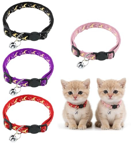 Jeffdad 4Pcs Cat Collar with Bells, Breakaway Cat Collars Kitten Collar Moons Stars Cute Kitty Safe Kitten Collars for Kitten Cats-Adjustable 8.3-13.4 Inch
