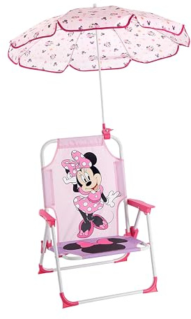 Disney Minnie Mouse Kids Beach Chair with Umbrella, Foldable Portable Toddler Chair with Armrests, Locking Safety Mechanism & Sun Shade, Lightweight Outdoor Seating for Beach, Pool, Camping, Picnic