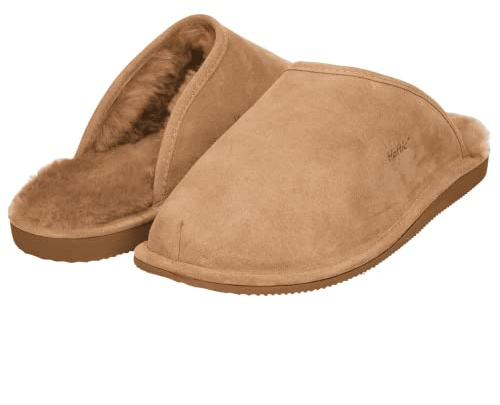 Haftic® Zapatillas de estar por casa para hombre, piel de cordero, cálidas, forradas para invierno, cerradas, transpirables, suela suave, hechas a mano, lana de oveja, zapatillas, beige, 44 EU