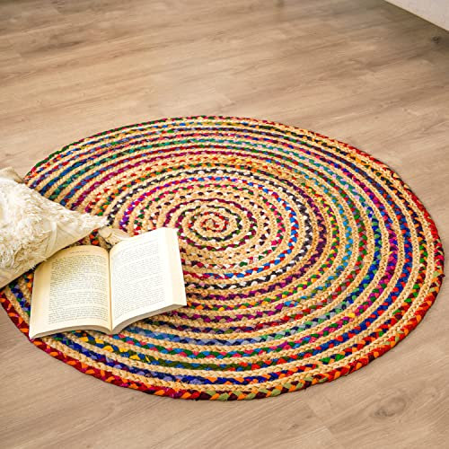 RAJRANG Round Chindi Jute Rug - 122 cm Cotton Hand Woven Braided Floor Carpet Area Rag Rugs for Living Room Bedroom Home Decor