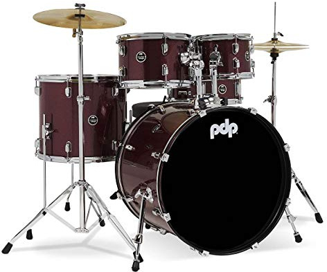 Pacific Drums Center Stage Complete Drumkit, 5 Drum Set, Ruby Red Sparkle, 7x10, 8x12, 14x16 Floor, 16x22 Kick, 5x14 Snare (PDCE2215KTRR)