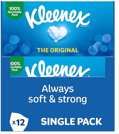 Kleenex Original Facial Tissues - Pack of 12 Tissue Boxes - Soft Tissues for Everyday Use - Gentle on Your Family's Skin with a Touch of Cotton